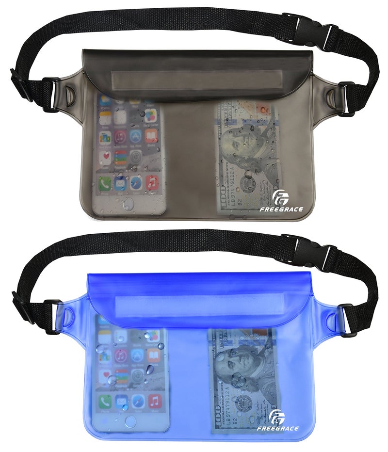 Freegrace Premium Waterproof Waist Pouches Set - Best Way to Keep Your Phone and Valuables Dry and Safe - Perfect for Boating Swimming Snorkeling Kayaking Beach Pool Water Parks (Gray + Blue) - Image 1